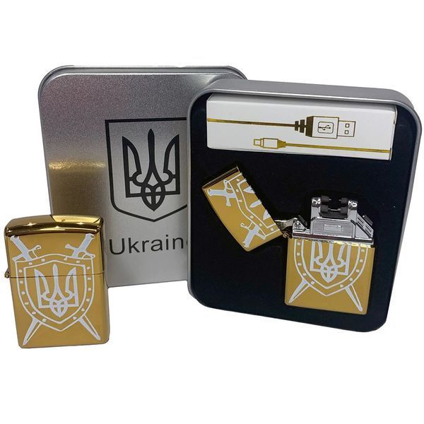 Дуговая электроимпульсная USB зажигалка Украина (металлическая коробка) HL-446. Цвет: золотой 00023033 фото