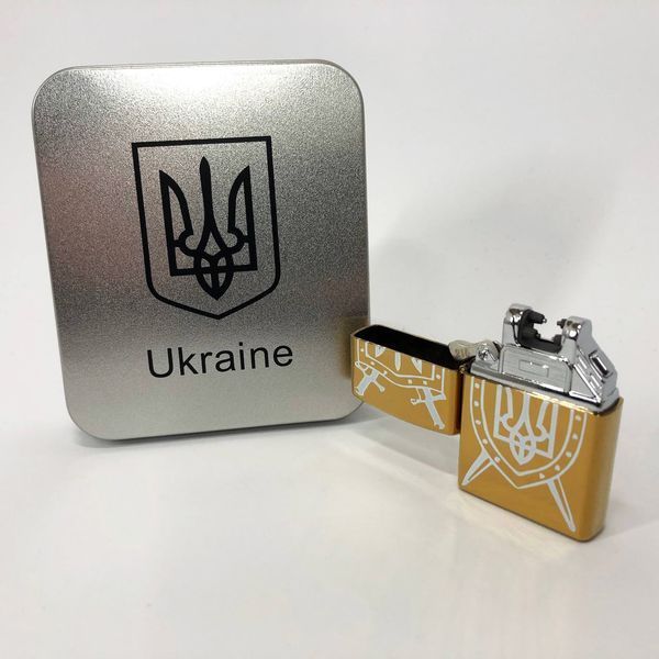 Дуговая электроимпульсная USB зажигалка Украина (металлическая коробка) HL-446. Цвет: золотой 00023033 фото