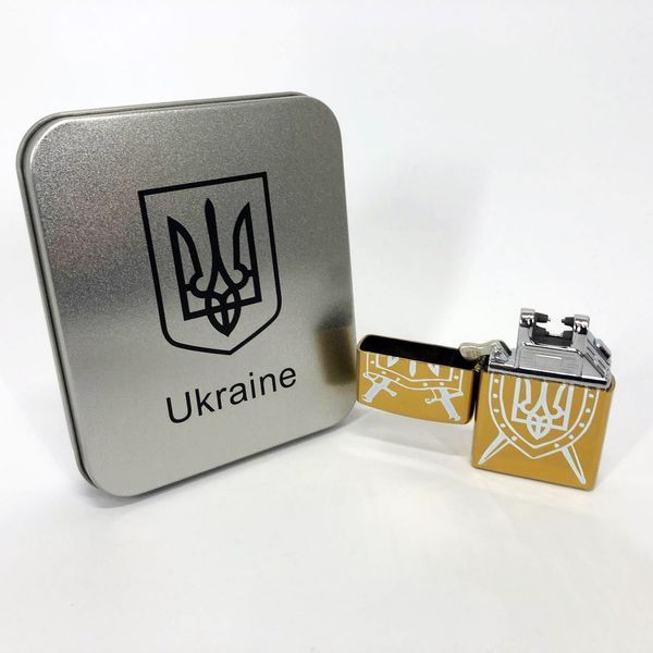 Дуговая электроимпульсная USB зажигалка Украина (металлическая коробка) HL-446. Цвет: золотой 00023033 фото