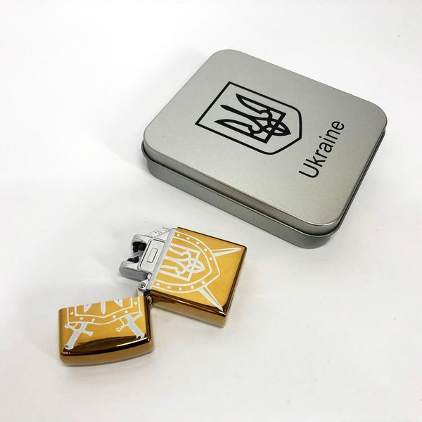 Дуговая электроимпульсная USB зажигалка Украина (металлическая коробка) HL-446. Цвет: золотой 00023033 фото