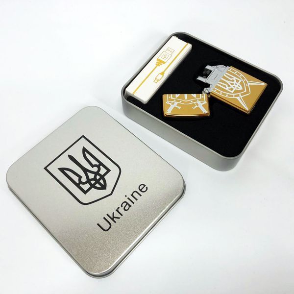 Дуговая электроимпульсная USB зажигалка Украина (металлическая коробка) HL-446. Цвет: золотой 00023033 фото