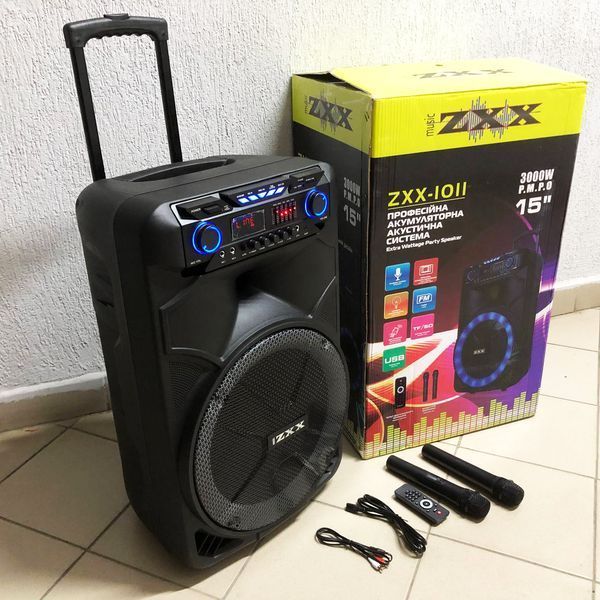 Профессиональная аккумуляторная акустическая система ZXX-1011 800 Вт 15" со светомузыкой и микрофонами 00017707 фото