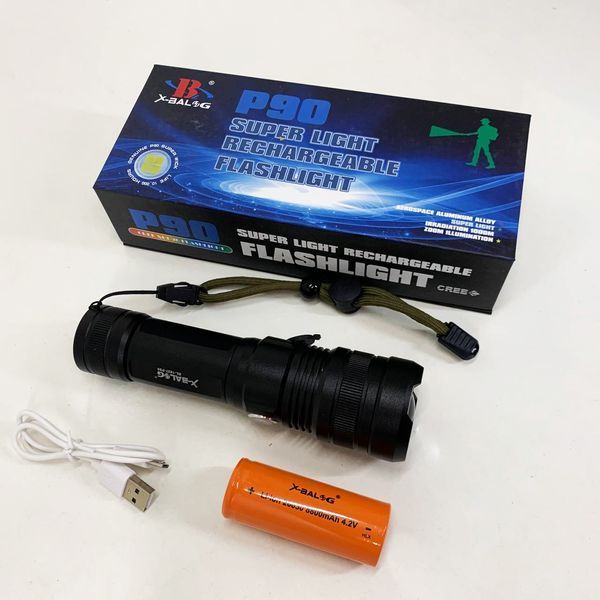 Ручной аккумуляторный светодиодный фонарь Police X-Balog BL-1827-P90 переносной с USB зарядкой оптическим зумом и металлическим корпусом + ремешок на руку 00022980 фото