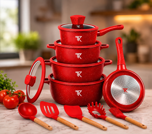 Червоний Набір посуду Top Kitchen TK00050L з мармуровим покриттям, 10 предметів + кухонне приладдя ТК050L/2 фото