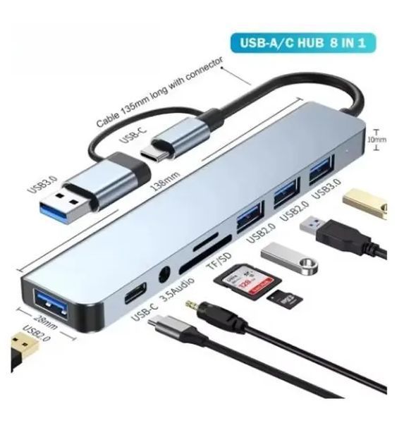 Мультифункциональный USB-хаб 8 в 1, универсальный адаптер, концентратор с входом Type-C, кардридер, HDTV+PD+USB 3.0+SD+TF+Type-C 00017579 фото
