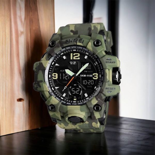 Часы наручные мужские SKMEI 1155BCMGN GREEN CAMO, брендовые мужские часы. Цвет: зеленый камуфляж 00022470 фото