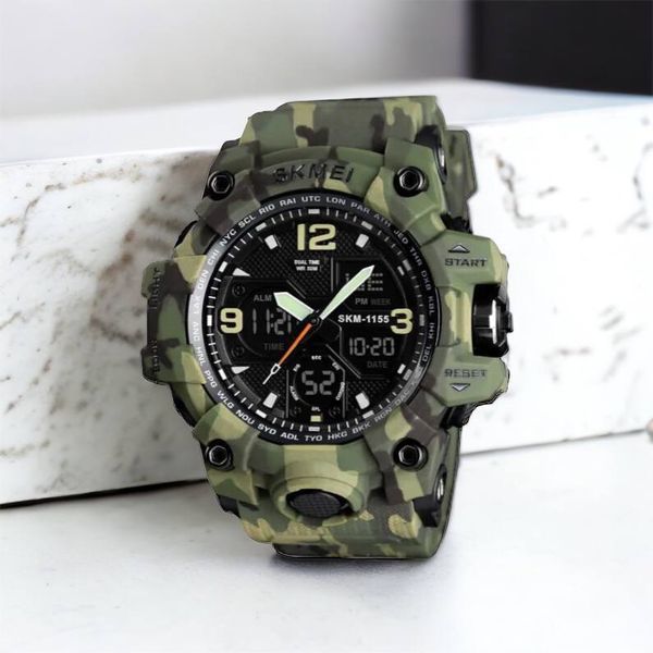 Часы наручные мужские SKMEI 1155BCMGN GREEN CAMO, брендовые мужские часы. Цвет: зеленый камуфляж 00022470 фото