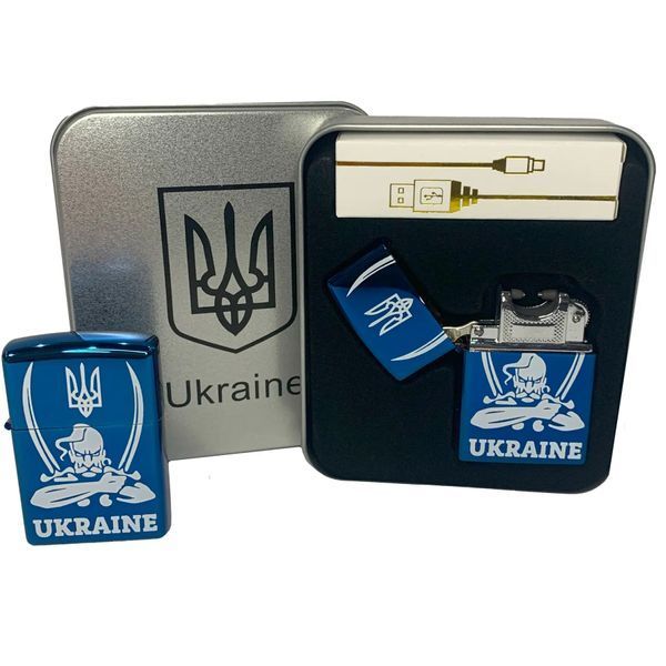 Дуговая электроимпульсная USB зажигалка Украина (металлическая коробка) HL-449. Цвет: синий 00023035 фото