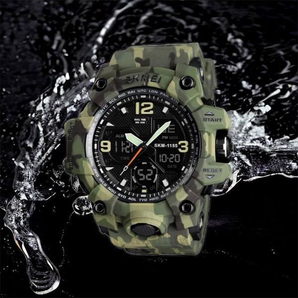 Часы наручные мужские SKMEI 1155BCMGN GREEN CAMO, брендовые мужские часы. Цвет: зеленый камуфляж 00022470 фото