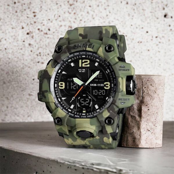 Часы наручные мужские SKMEI 1155BCMGN GREEN CAMO, брендовые мужские часы. Цвет: зеленый камуфляж 00022470 фото