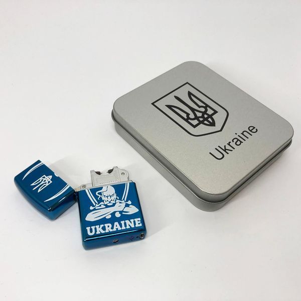 Дуговая электроимпульсная USB зажигалка Украина (металлическая коробка) HL-449. Цвет: синий 00023035 фото
