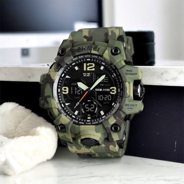 Часы наручные мужские SKMEI 1155BCMGN GREEN CAMO, брендовые мужские часы. Цвет: зеленый камуфляж 00022470 фото