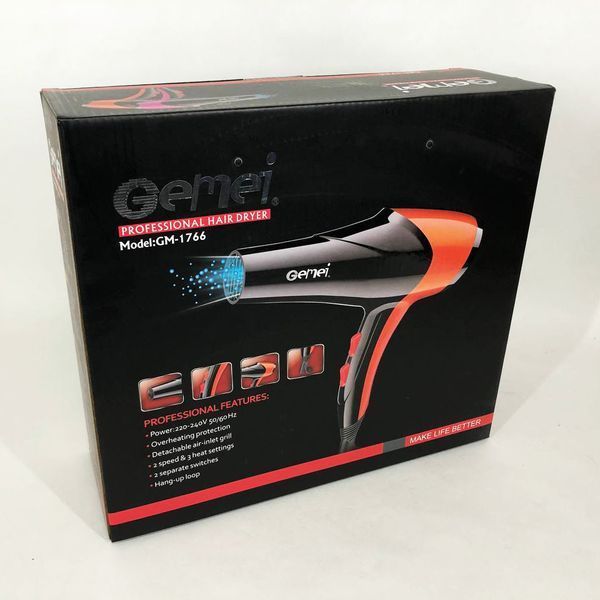 Фен GEMEI GM-1766 2.6 кВт АС, фен для голови, жіночий фен для волосся, фен сушка. Колір: помаранчевий 00015219 фото