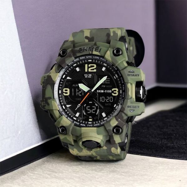 Часы наручные мужские SKMEI 1155BCMGN GREEN CAMO, брендовые мужские часы. Цвет: зеленый камуфляж 00022470 фото
