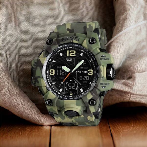Часы наручные мужские SKMEI 1155BCMGN GREEN CAMO, брендовые мужские часы. Цвет: зеленый камуфляж 00022470 фото