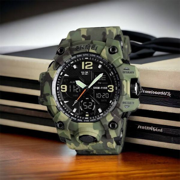 Часы наручные мужские SKMEI 1155BCMGN GREEN CAMO, брендовые мужские часы. Цвет: зеленый камуфляж 00022470 фото