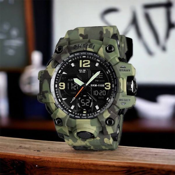 Часы наручные мужские SKMEI 1155BCMGN GREEN CAMO, брендовые мужские часы. Цвет: зеленый камуфляж 00022470 фото