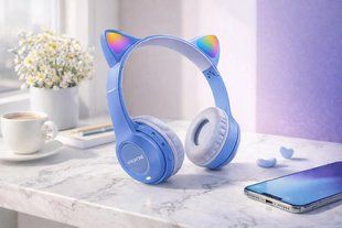 Беспроводные наушники с кошачьими ушками и лед подсветкой Cat Ear Y47 Led, Bluetooth наушники с микрофоном Синий 00023913 фото