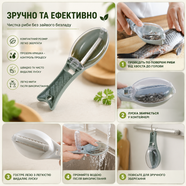 Скребок для риби з контейнером / Рибочистка ручна для чищення луски / Інструмент для чищення риби, пристрій для зіскоблювання луски з кришкою 2051026 фото