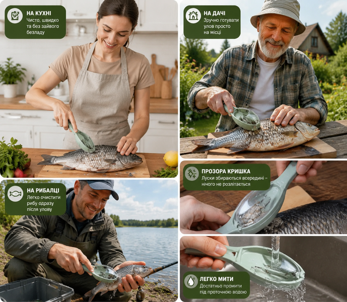 Скребок для риби з контейнером / Рибочистка ручна для чищення луски / Інструмент для чищення риби, пристрій для зіскоблювання луски з кришкою 2051026 фото