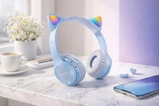 Беспроводные наушники с кошачьими ушками и лед подсветкой Cat Ear Y47 Led, Bluetooth наушники с микрофоном Голубой 00023914 фото