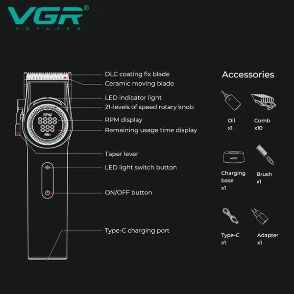 Аккумуляторная машинка для стрижки VGR V-001, 10 насадок, 9000 RPM, АКБ 4600 mAh, LED дисплей 00021655 фото