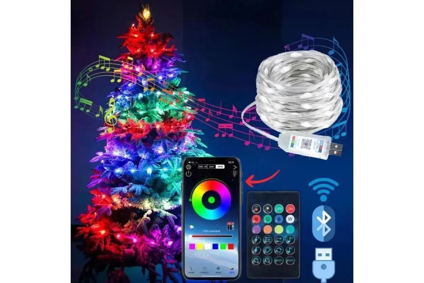 Светодиодная умная гирлянда Smart LED 20м IP65 с Bluetooth для елки от USB 20м 00024909 фото