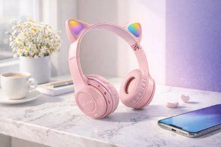 Беспроводные наушники с кошачьими ушками и лед подсветкой Cat Ear Y47 Led, Bluetooth наушники с микрофоном Розовый 00023915 фото