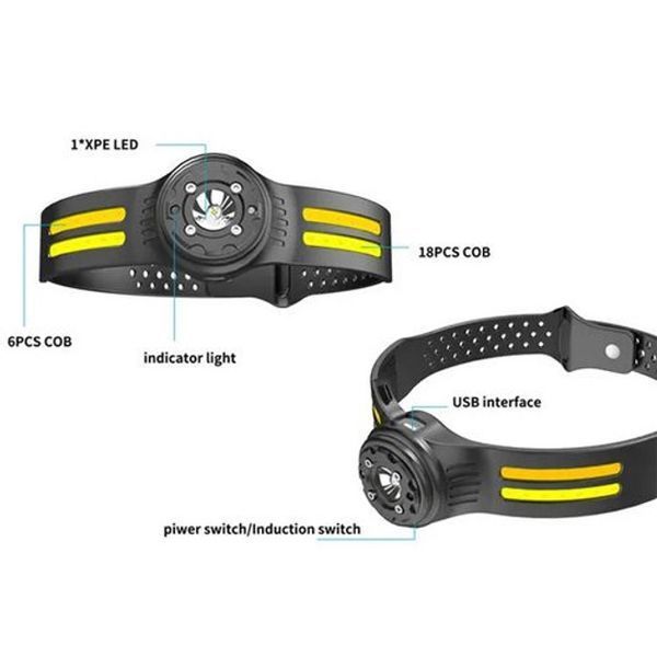 Ліхтар налобний T134-XPE-4COB (white+yellow+red) Motion Sensor, налобний ліхтарик із usb зарядкою 00023366 фото