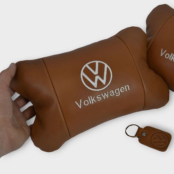 Набор подушек 2шт для автомобиля Volkswagen из натуральной коричневой кожи. Подушки на подголовник 00016772 фото