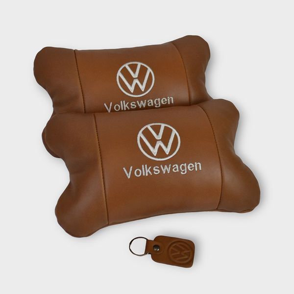 Набор подушек 2шт для автомобиля Volkswagen из натуральной коричневой кожи. Подушки на подголовник 00016772 фото