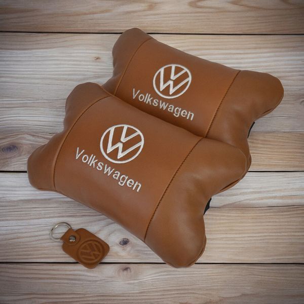 Набор подушек 2шт для автомобиля Volkswagen из натуральной коричневой кожи. Подушки на подголовник 00016772 фото