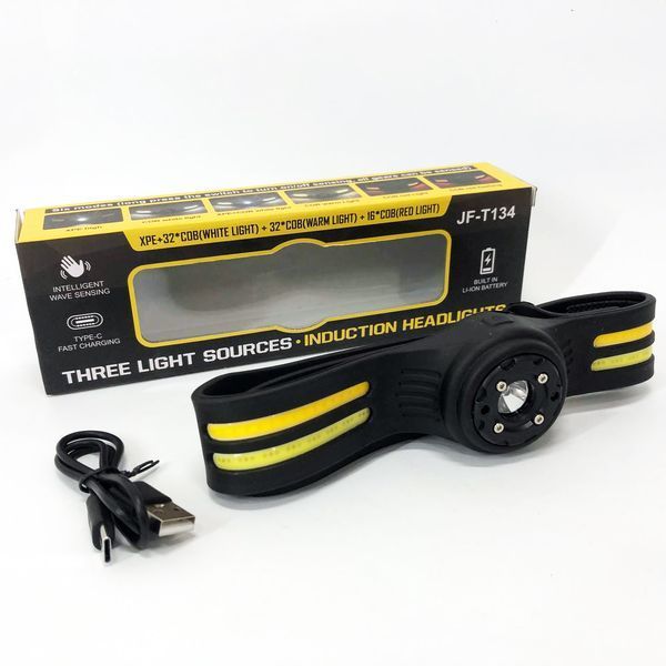 Ліхтар налобний T134-XPE-4COB (white+yellow+red) Motion Sensor, налобний ліхтарик із usb зарядкою 00023366 фото