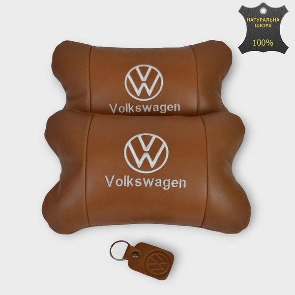 Набор подушек 2шт для автомобиля Volkswagen из натуральной коричневой кожи. Подушки на подголовник 00016772 фото