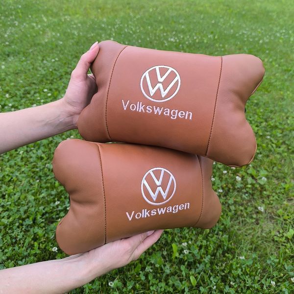 Набор подушек 2шт для автомобиля Volkswagen из натуральной коричневой кожи. Подушки на подголовник 00016772 фото
