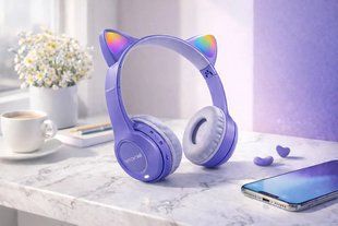 Беспроводные наушники с кошачьими ушками и лед подсветкой Cat Ear Y47 Led, Bluetooth наушники с микрофоном Сиреневый 00023916 фото