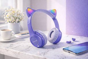 Беспроводные наушники с кошачьими ушками и лед подсветкой Cat Ear Y47 Led, Bluetooth наушники с микрофоном Сиреневый 00023916 фото
