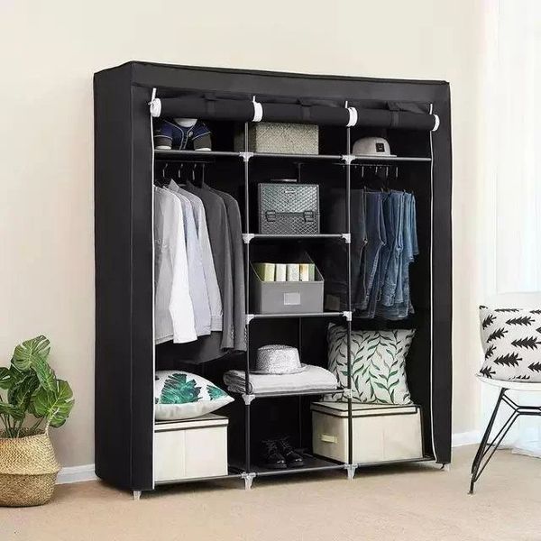 Шкаф тканевый 3 секции складной с каркасом STORAGE WARDROBE 175 х 130 х 45 см. Цвет: черный 00013426 фото
