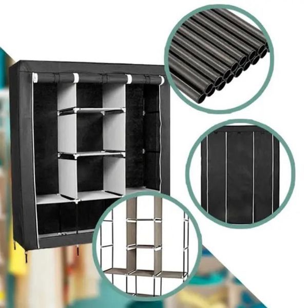 Шкаф тканевый 3 секции складной с каркасом STORAGE WARDROBE 175 х 130 х 45 см. Цвет: черный 00013426 фото
