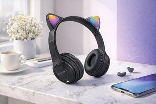 Беспроводные наушники с кошачьими ушками и лед подсветкой Cat Ear Y47 Led, Bluetooth наушники с микрофоном Черный 00023917 фото