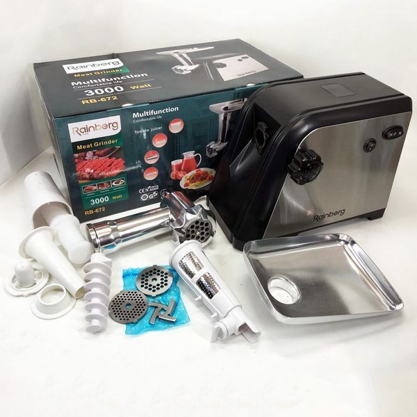 М'ясорубка Rainberg RB-672 3000W електрична з реверсом та соковижималкою, м'ясорубка електрична метал 00018659 фото