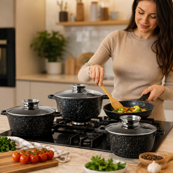 Черный Набор кастрюль и сковорода Top Kitchen TK-00076 с антипригарным покрытием 7 предметов + 6 силиконовых прихваток ТК76/2 фото
