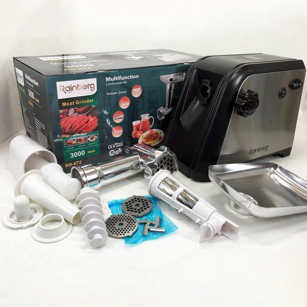 М'ясорубка Rainberg RB-672 3000W електрична з реверсом та соковижималкою, м'ясорубка електрична метал 00018659 фото