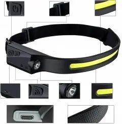Легкий налобний ліхтар LED+COB з датчиком руху та червоним світлом (чорний) 00023269 фото