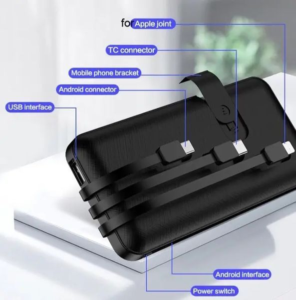 Павербанк 30000 mAh встроенные кабели USB, micro USB, Type-C, Lightning с подставкой для телефона, Портативная батарея Powerbank 00017874 фото