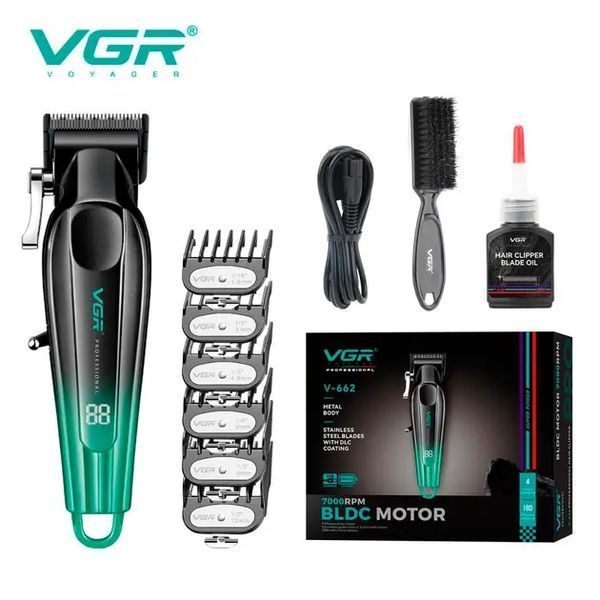 Акумуляторна машинка для стрижки VGR V-662 GREEN, 7000 RPM, 6 насадок, LED дисплей 00021674 фото