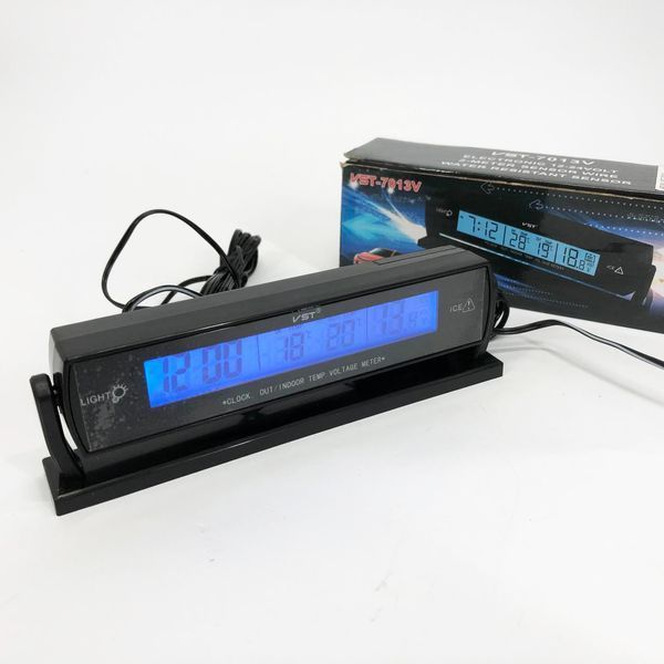 Автомобильные часы с подсветкой VST-7013V вольтметр, 2 термометра Авточасы с выносным термометром 00017059 фото