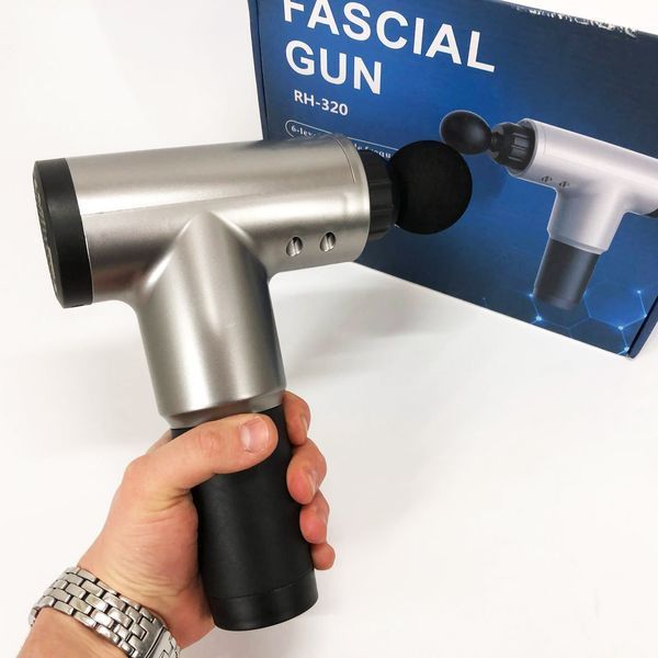 Аккумуляторный массажер fascial gun kh-320 портативный ручной ударный мышечный пистолет 4 насадки серый 00015543 фото