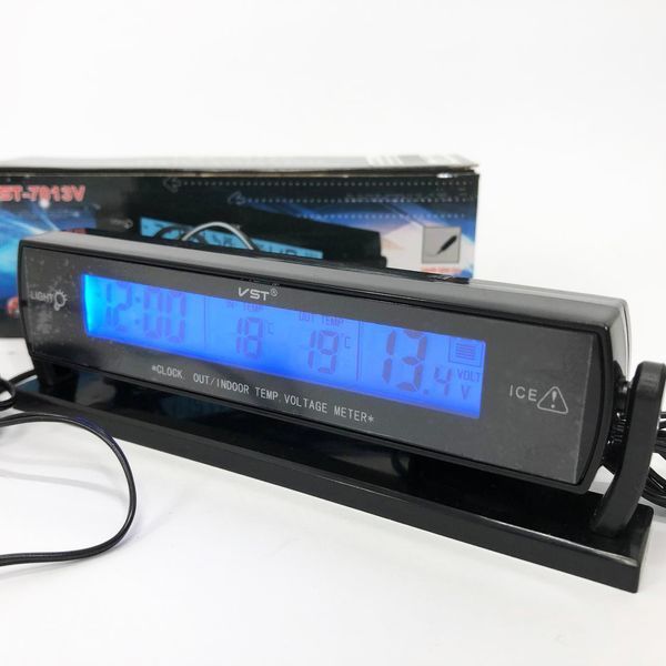 Автомобильные часы с подсветкой VST-7013V вольтметр, 2 термометра Авточасы с выносным термометром 00017059 фото