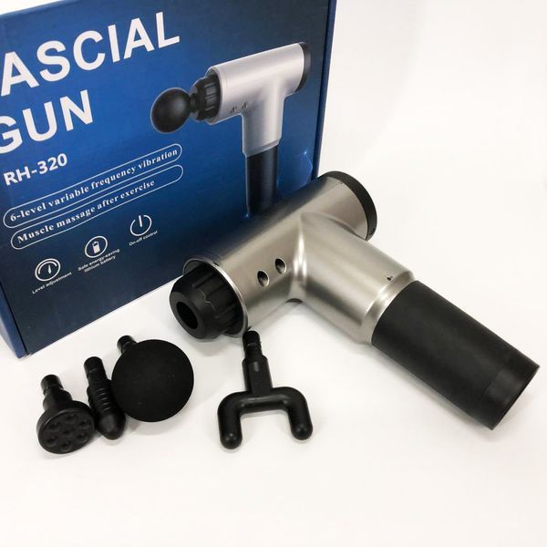 Аккумуляторный массажер fascial gun kh-320 портативный ручной ударный мышечный пистолет 4 насадки серый 00015543 фото